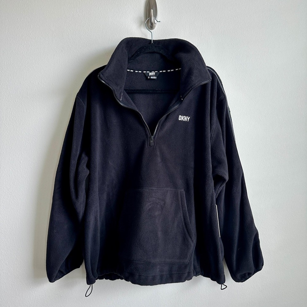 DKNY Sport Pullover Womens 2X Fleece Half Zip Kangaroo Pocket Tape Trim Athletic
